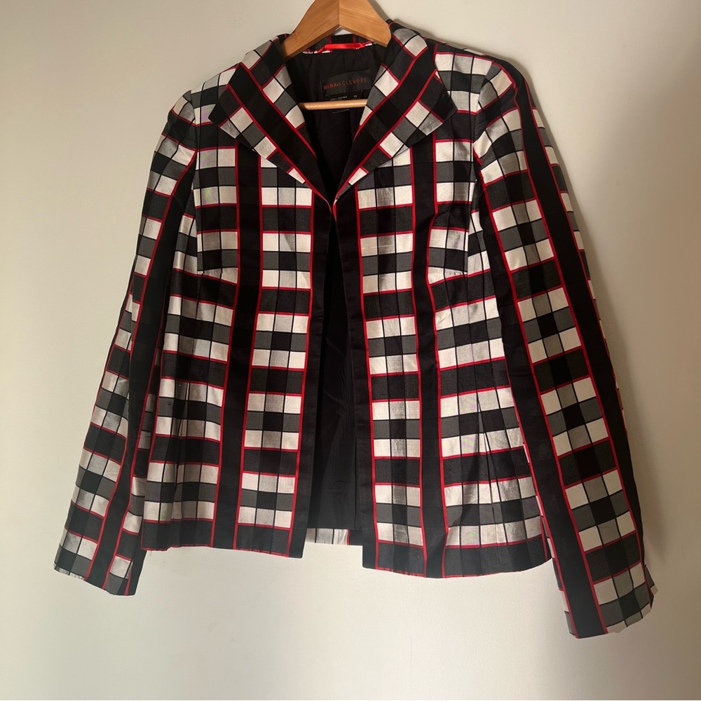 Nina Mclemore Red Black White Checked Silk Blazer Size 10 - Picture 15 of 15
